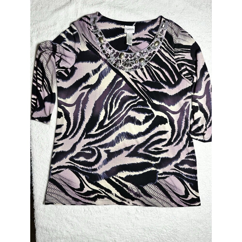 Chico's Sz 2 Rhinestone Neck Line Animal Print Purple Black Blouse Shirt Top